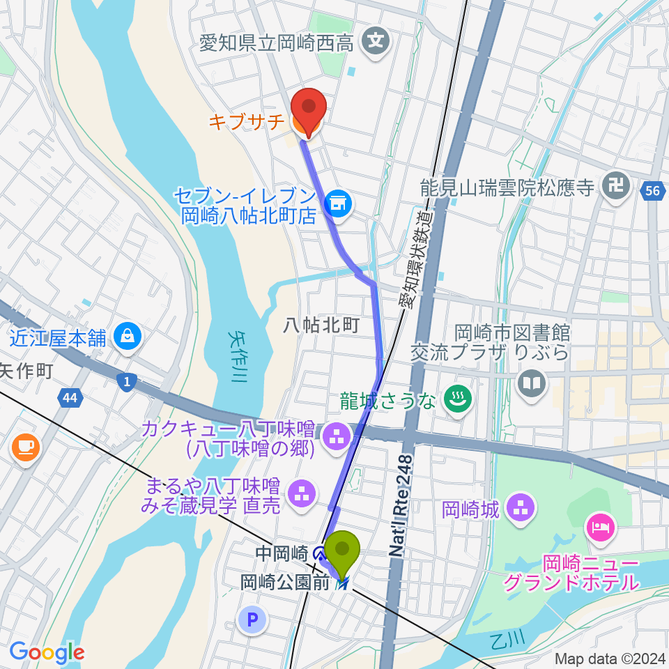 岡崎公園前駅から岡崎サテンドールへのルートマップ地図