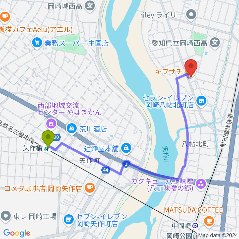 矢作橋駅から岡崎サテンドールへのルートマップ地図