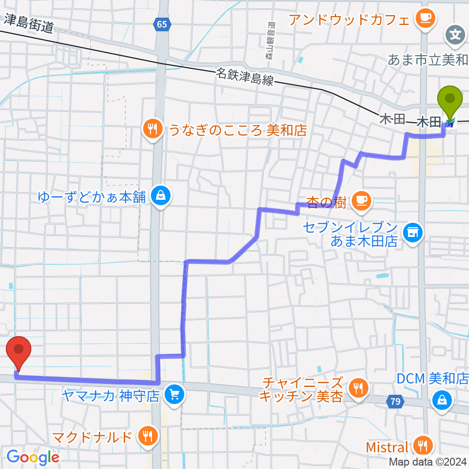 木田駅からJAZZくれよんへのルートマップ地図