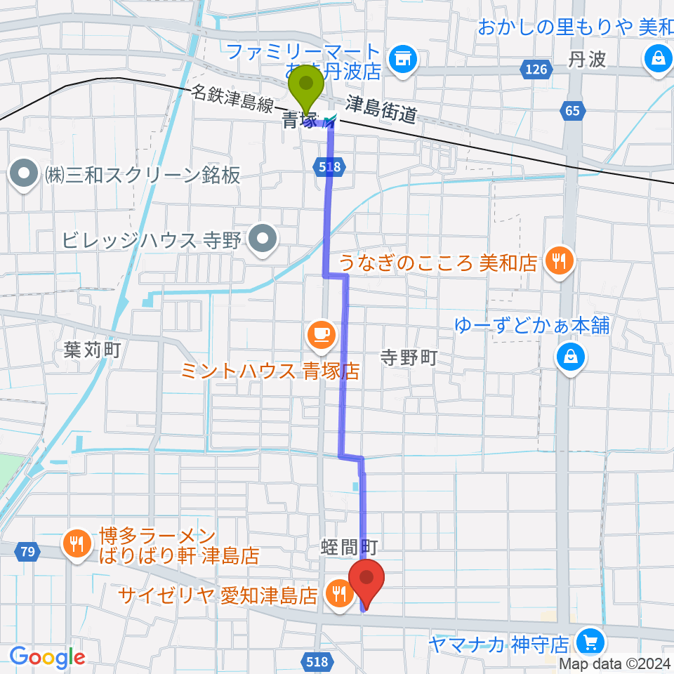 JAZZくれよんの最寄駅青塚駅からの徒歩ルート（約23分）地図