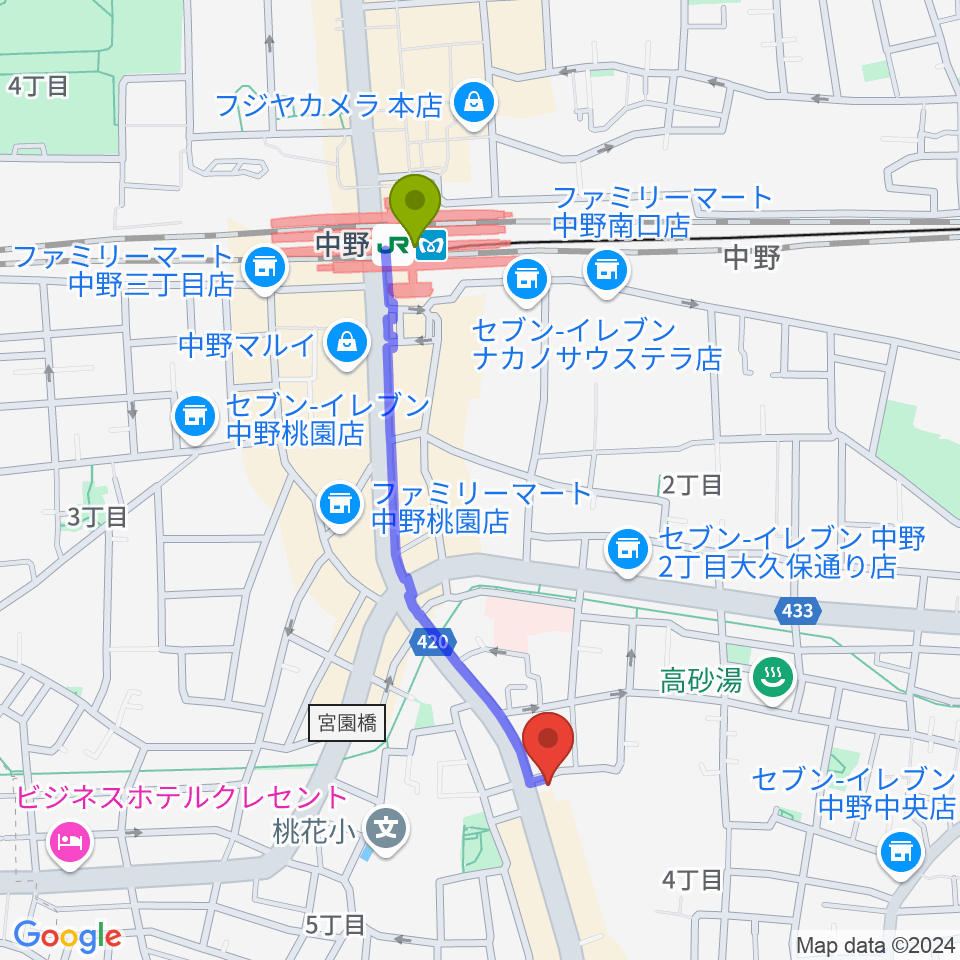 中野駅から中野Vスタジオへのルートマップ地図