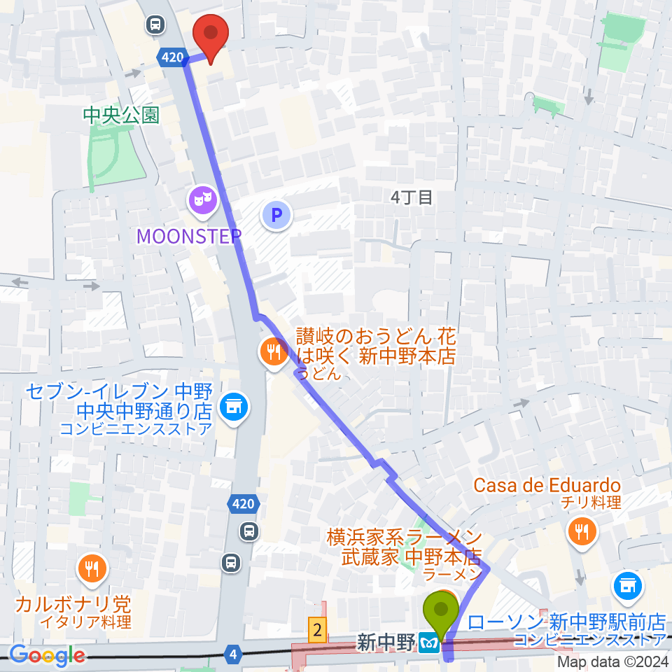 中野Vスタジオの最寄駅新中野駅からの徒歩ルート（約7分）地図