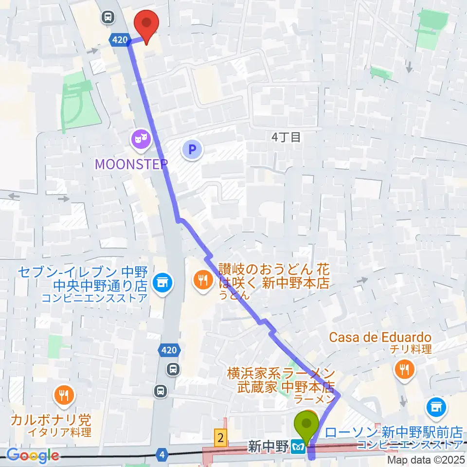 中野Vスタジオの最寄駅新中野駅からの徒歩ルート（約7分）地図