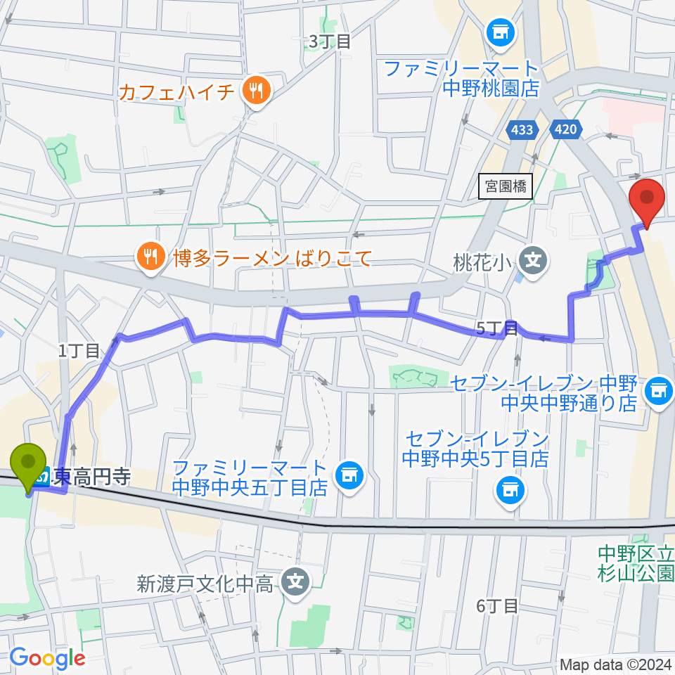 東高円寺駅から中野Vスタジオへのルートマップ地図