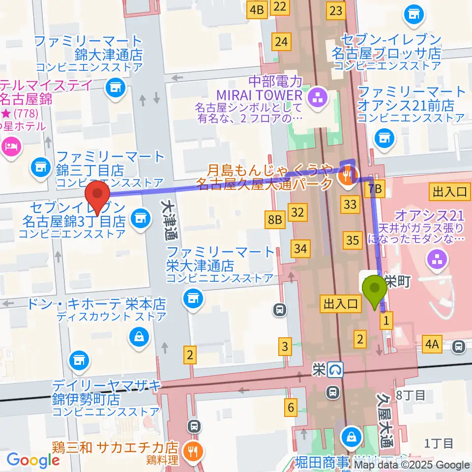 名古屋ケントスの最寄駅栄町駅からの徒歩ルート（約5分）地図