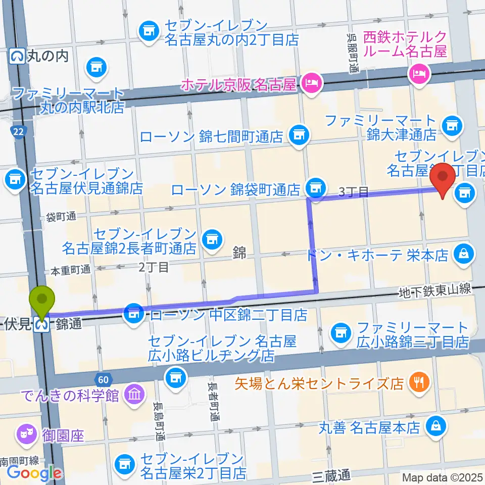 伏見駅から名古屋ケントスへのルートマップ地図