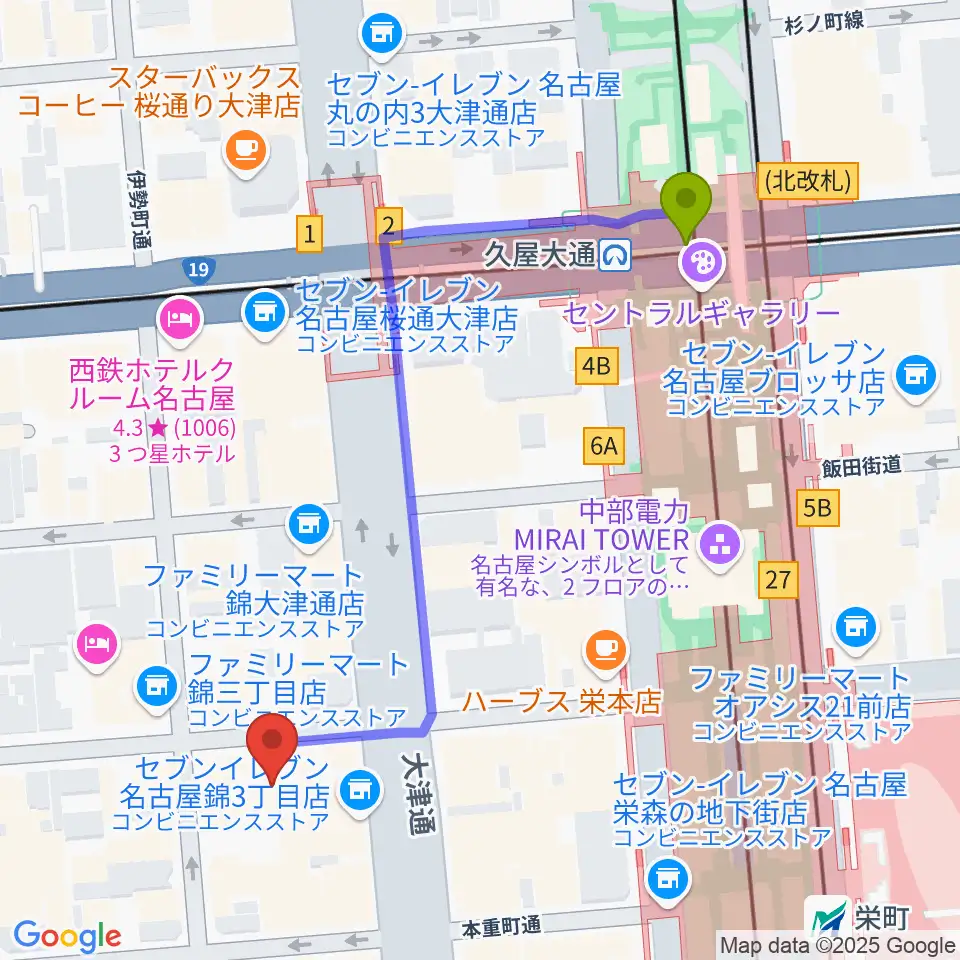 久屋大通駅から名古屋ケントスへのルートマップ地図