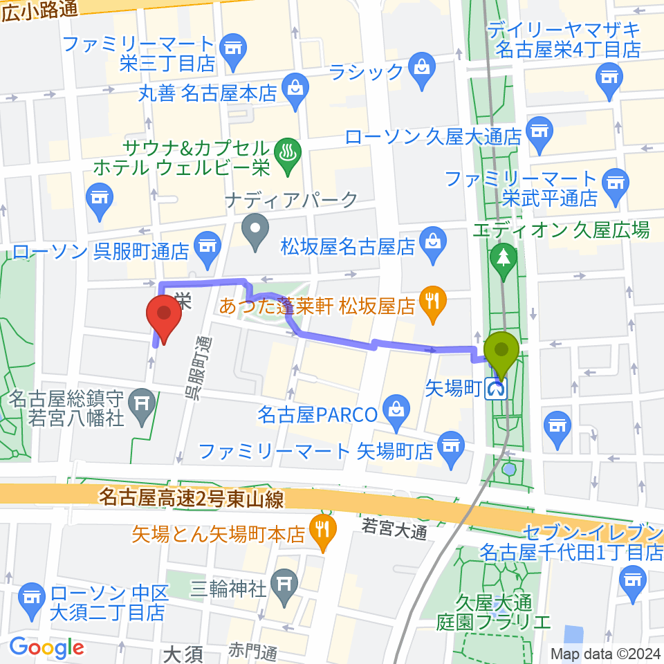 名古屋HOLIDAY NEXTの最寄駅矢場町駅からの徒歩ルート（約8分） - MDATA