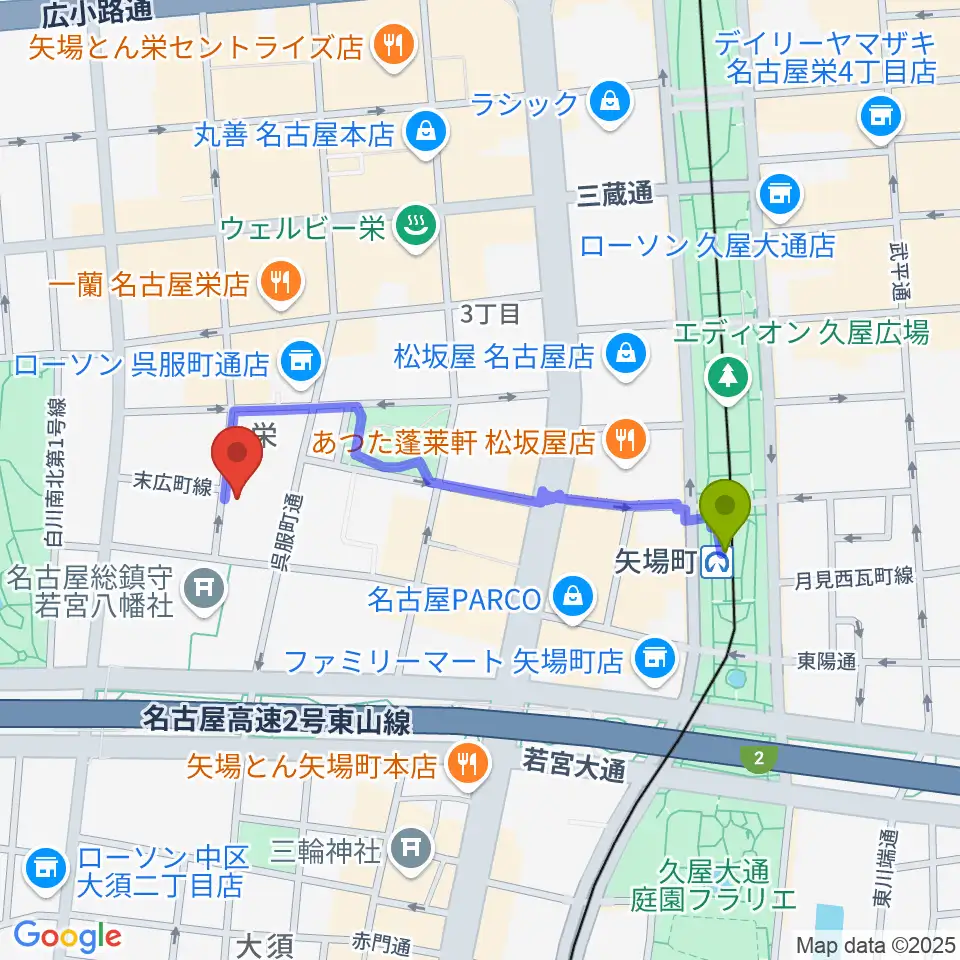 名古屋HOLIDAY NEXTの最寄駅矢場町駅からの徒歩ルート（約8分）地図