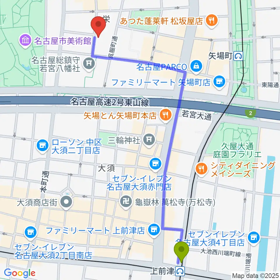 上前津駅から名古屋HOLIDAY NEXTへのルートマップ地図