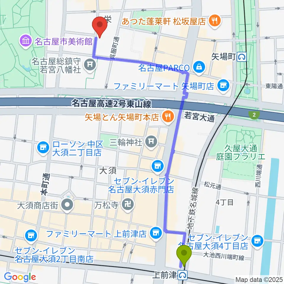 上前津駅から名古屋HOLIDAY NEXTへのルートマップ地図