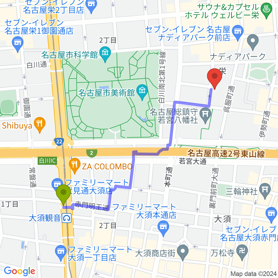 大須観音駅から名古屋HOLIDAY NEXTへのルートマップ地図
