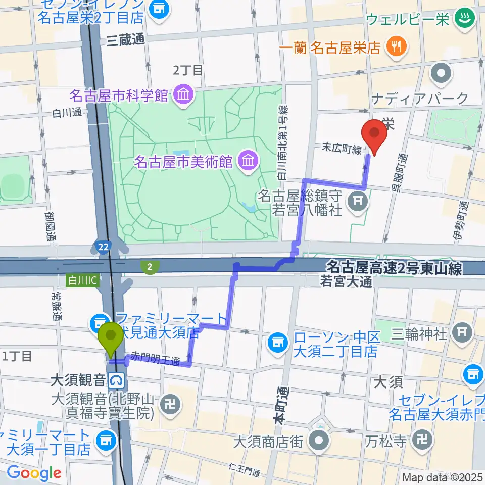 大須観音駅から名古屋HOLIDAY NEXTへのルートマップ地図