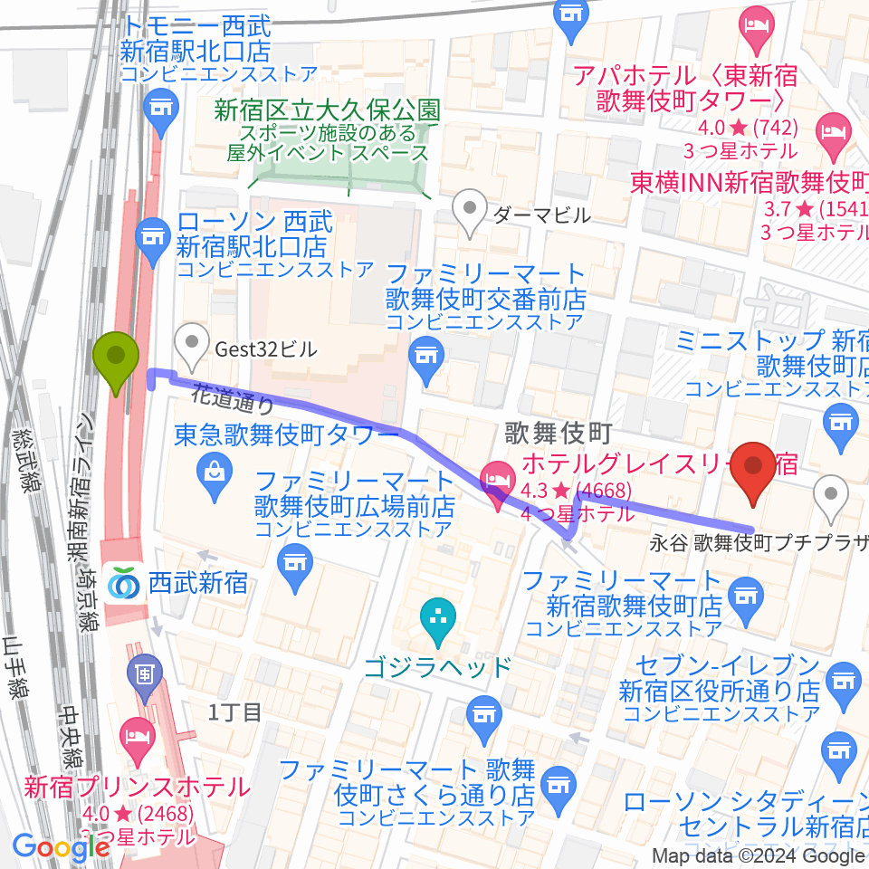 HOLIDAY SHINJUKUの最寄駅西武新宿駅からの徒歩ルート（約6分）地図