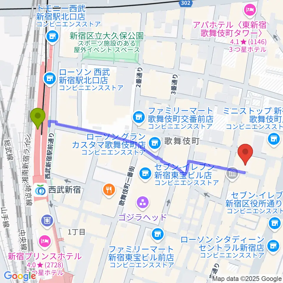 HOLIDAY SHINJUKUの最寄駅西武新宿駅からの徒歩ルート（約6分）地図