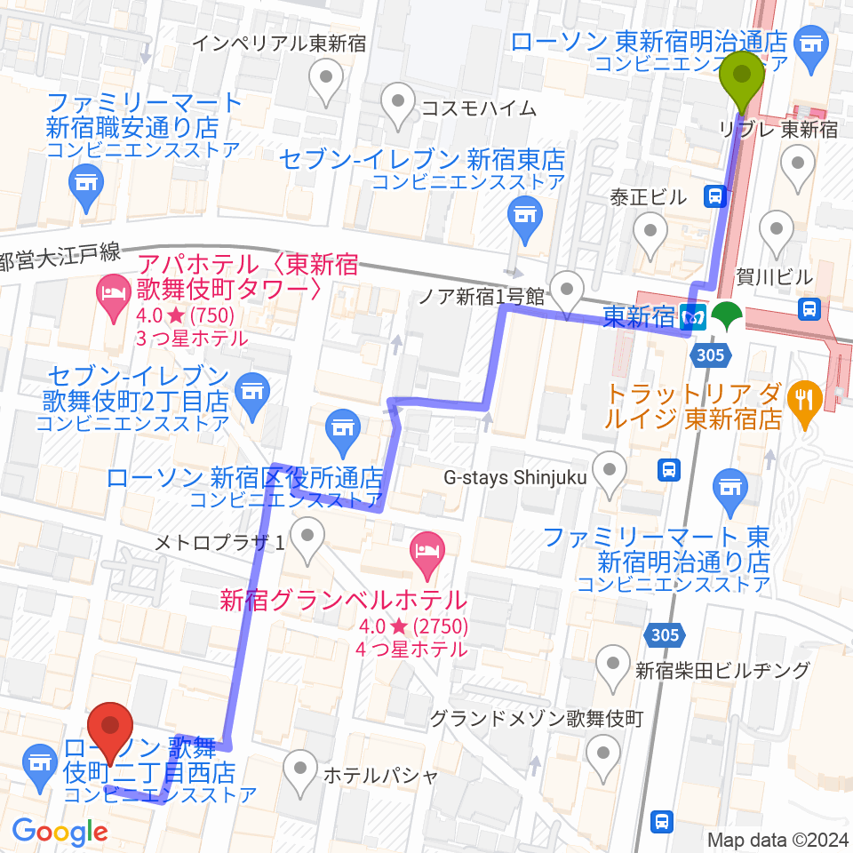 東新宿駅からHOLIDAY SHINJUKUへのルートマップ地図