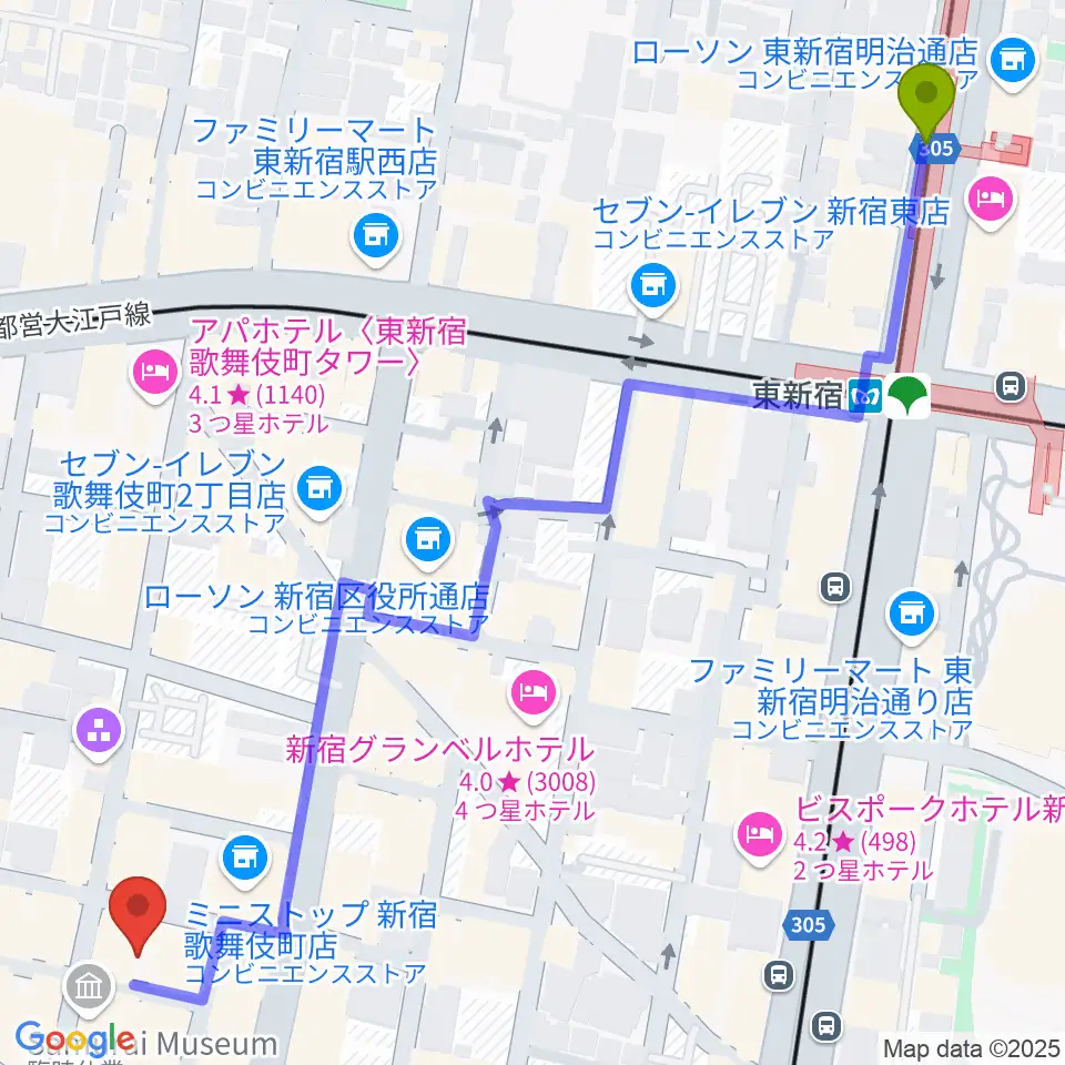 東新宿駅からHOLIDAY SHINJUKUへのルートマップ地図