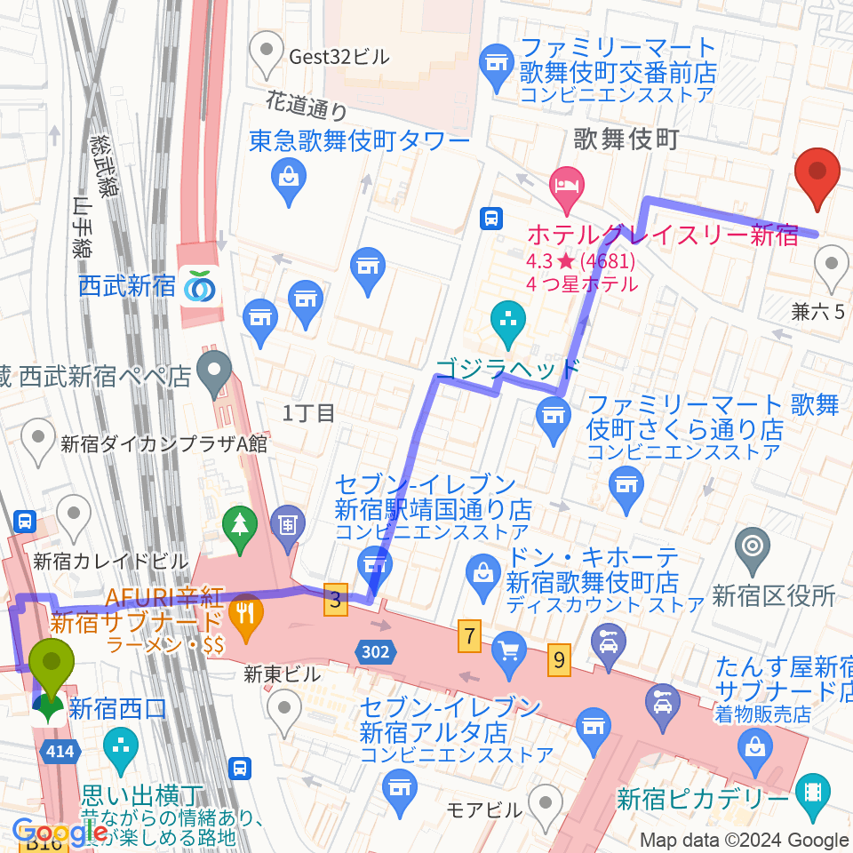 新宿西口駅からHOLIDAY SHINJUKUへのルートマップ地図