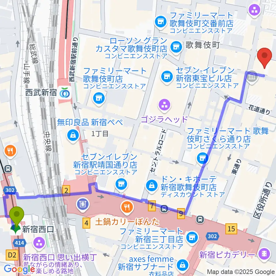 新宿西口駅からHOLIDAY SHINJUKUへのルートマップ地図