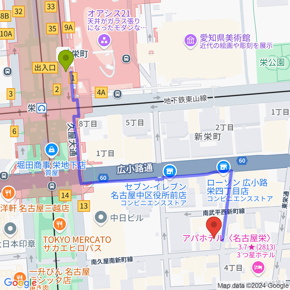 名古屋JB’Sの最寄駅栄町駅からの徒歩ルート（約6分）地図