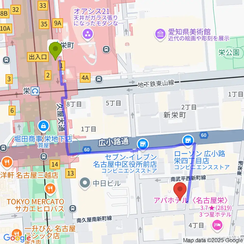 名古屋JB’Sの最寄駅栄町駅からの徒歩ルート（約6分）地図