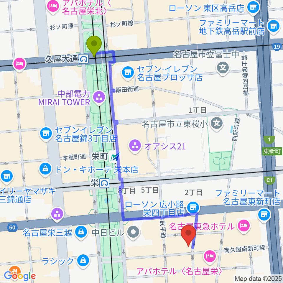 久屋大通駅から名古屋JB’Sへのルートマップ地図