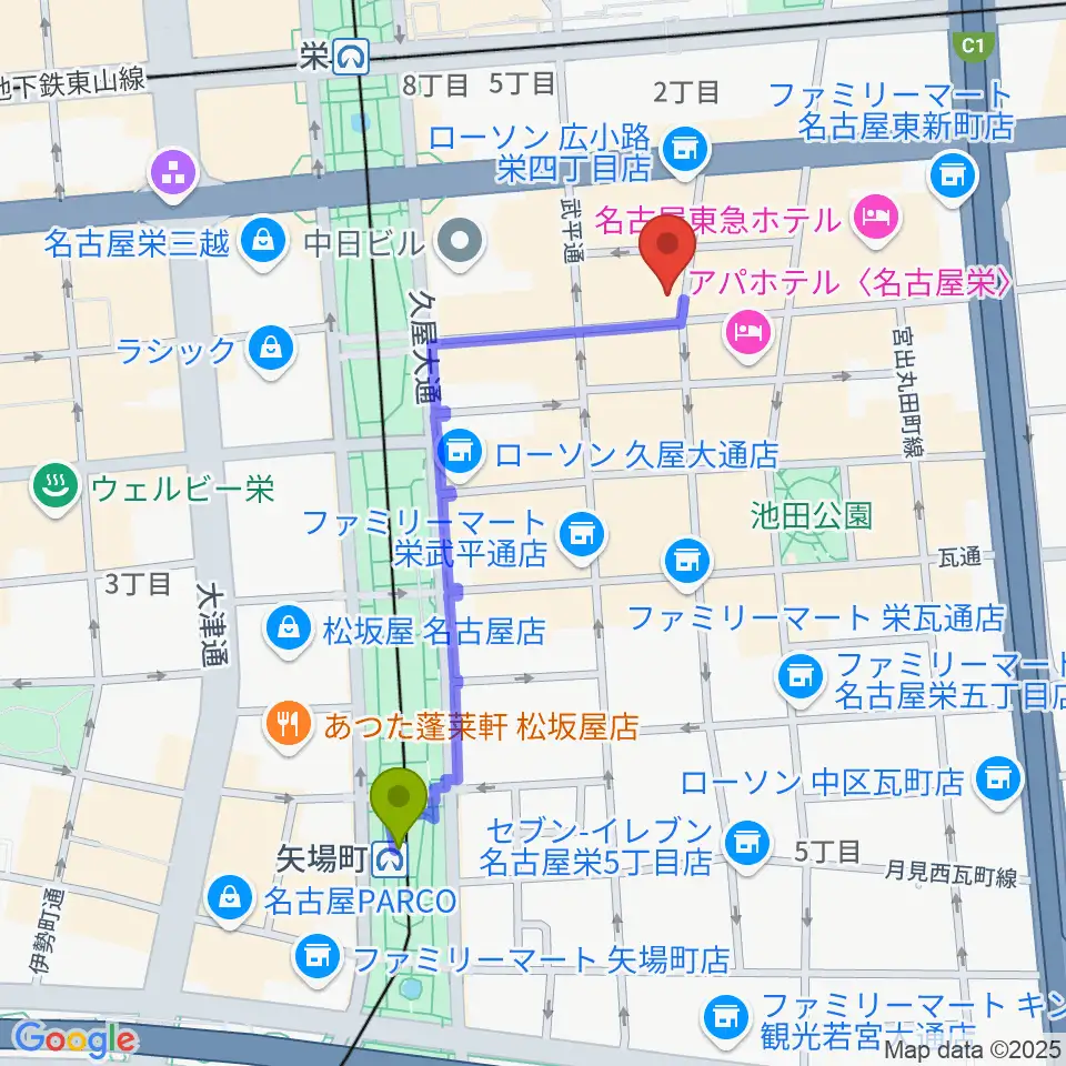 矢場町駅から名古屋JB’Sへのルートマップ地図