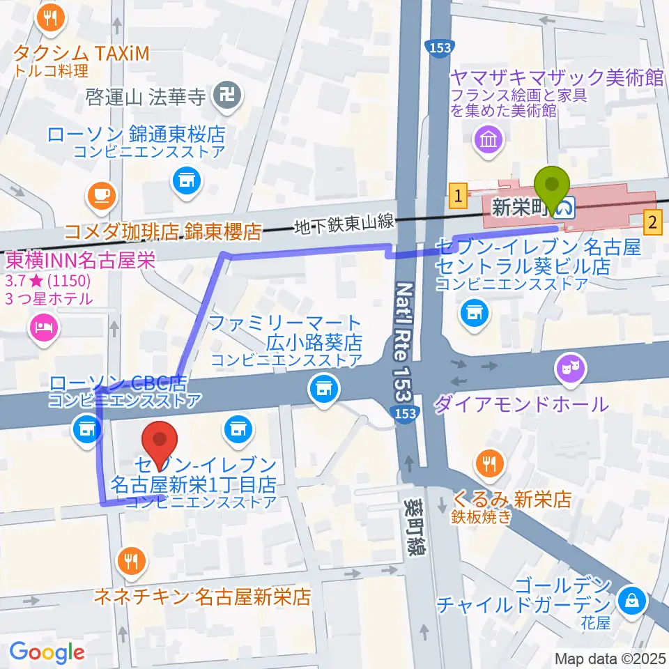 新栄club buddhaの最寄駅新栄町駅からの徒歩ルート（約5分）地図