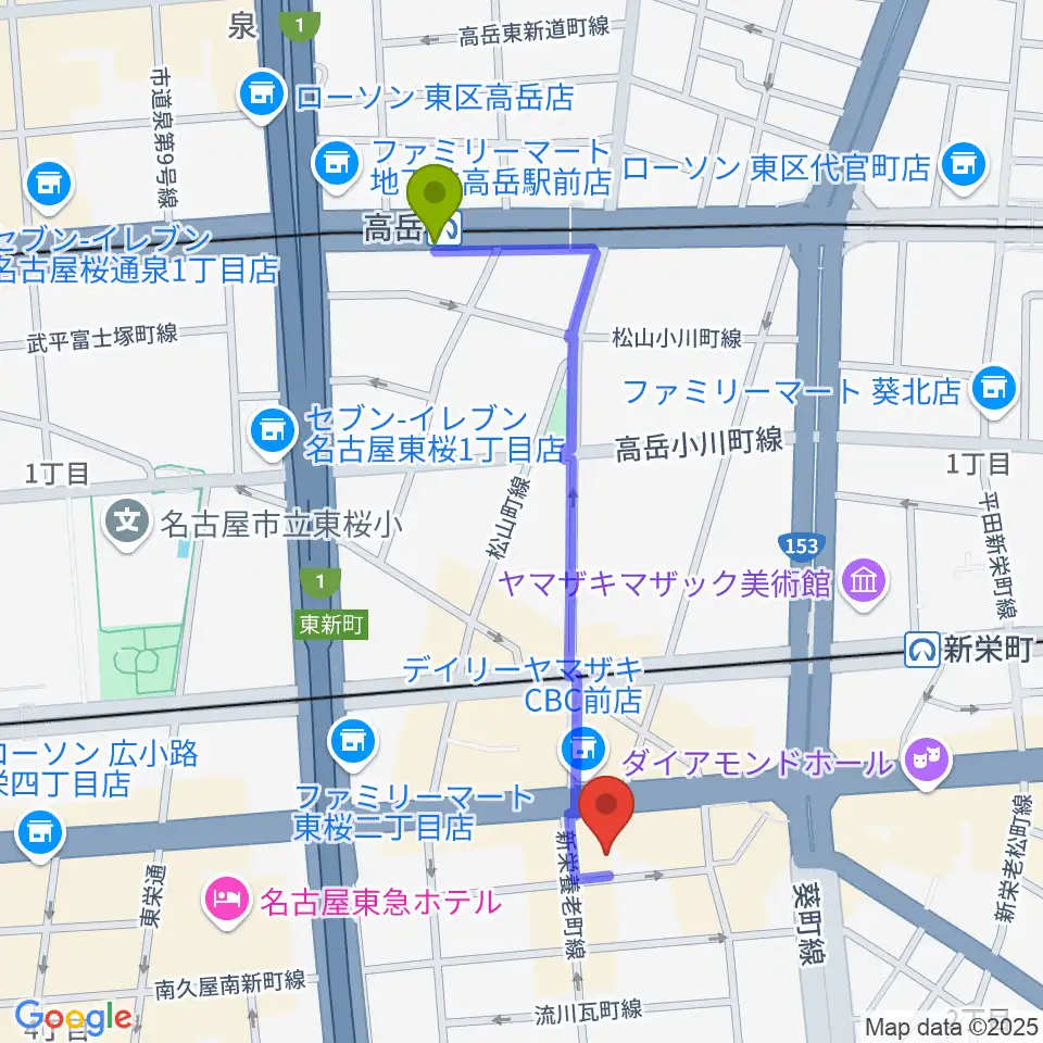 高岳駅から新栄club buddhaへのルートマップ地図