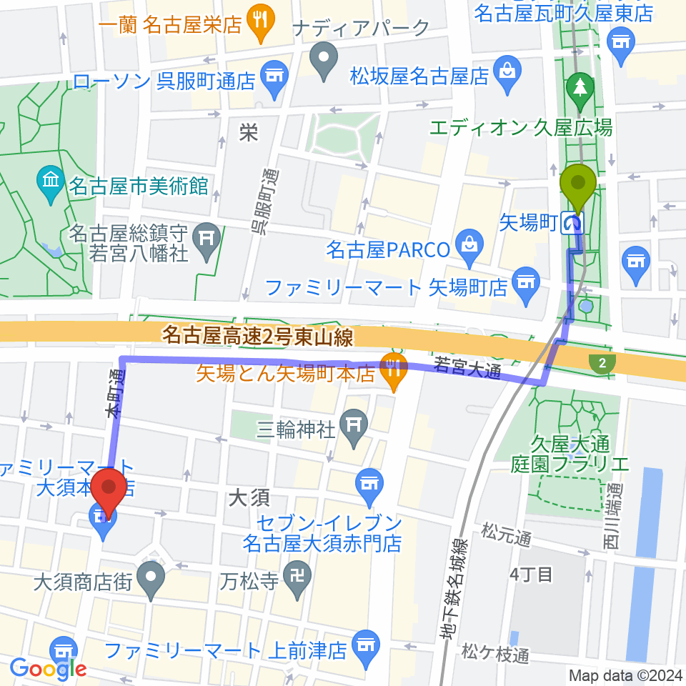 矢場町駅からX-HALL ZENへのルートマップ地図