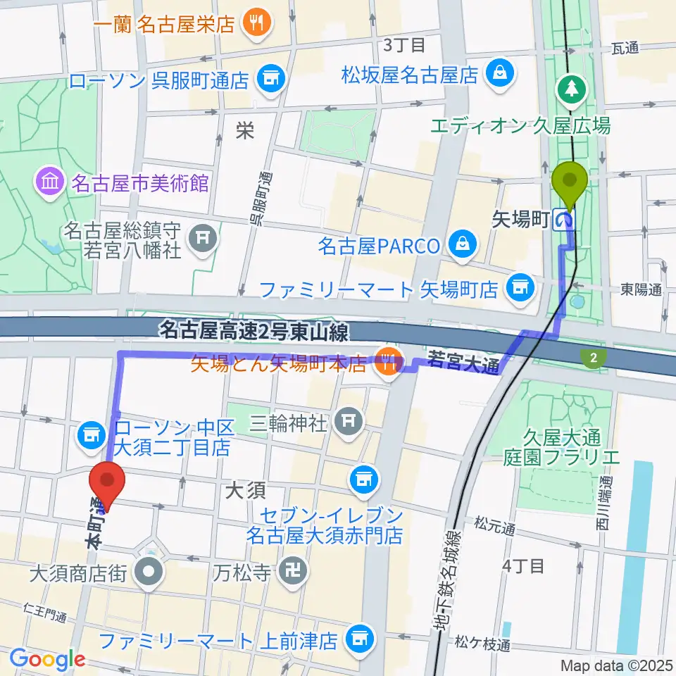 矢場町駅からX-HALL ZENへのルートマップ地図