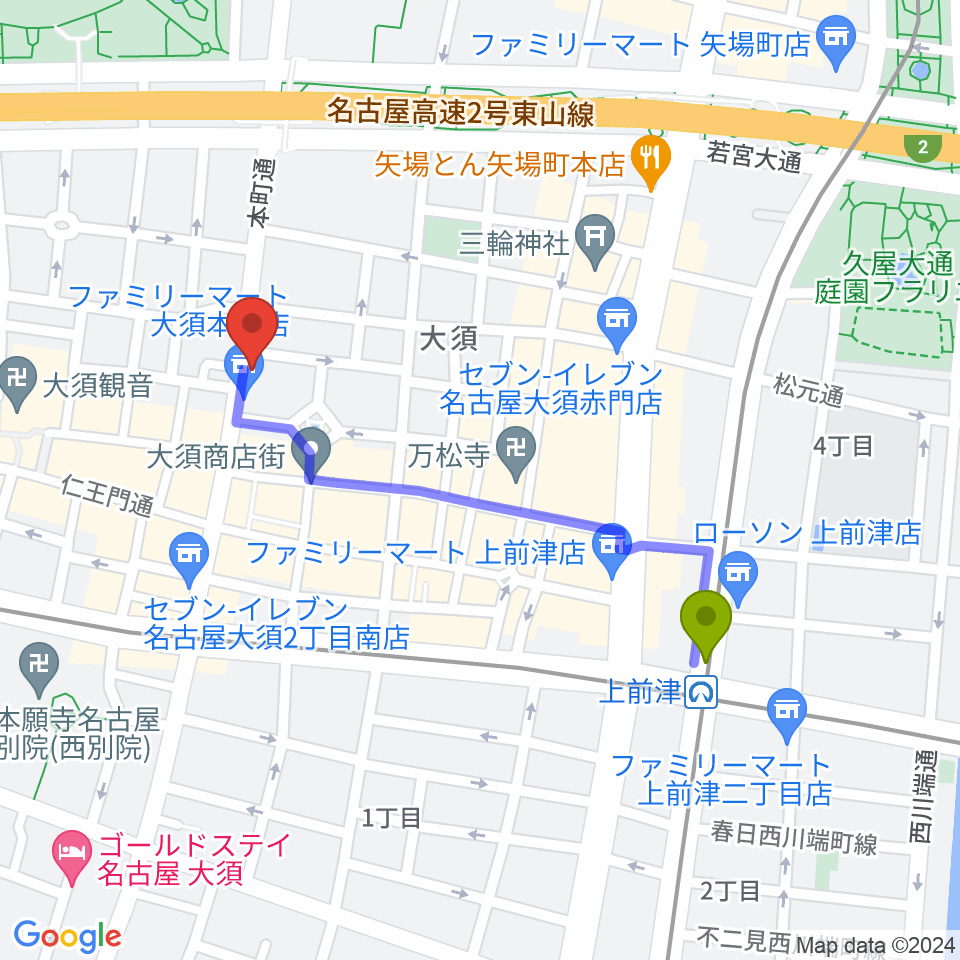 上前津駅からX-HALL ZENへのルートマップ地図