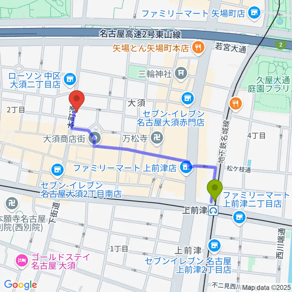 上前津駅からX-HALL ZENへのルートマップ地図