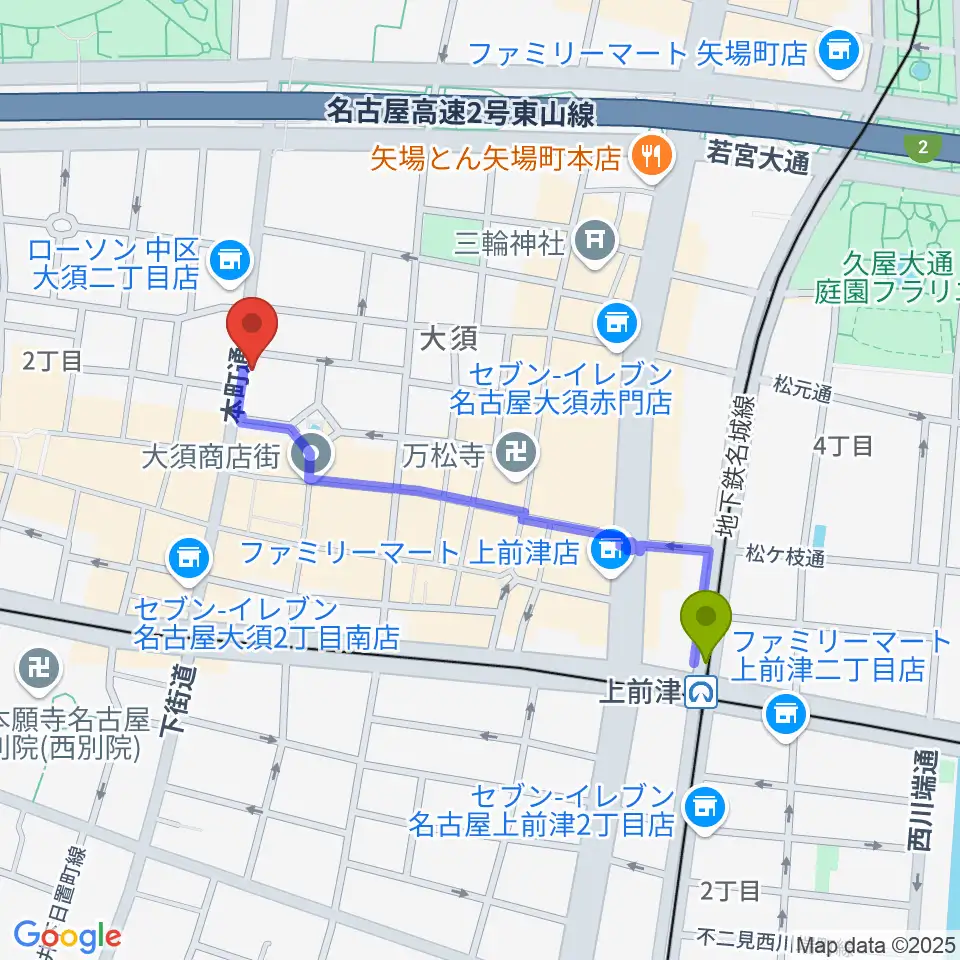 上前津駅からX-HALL ZENへのルートマップ地図