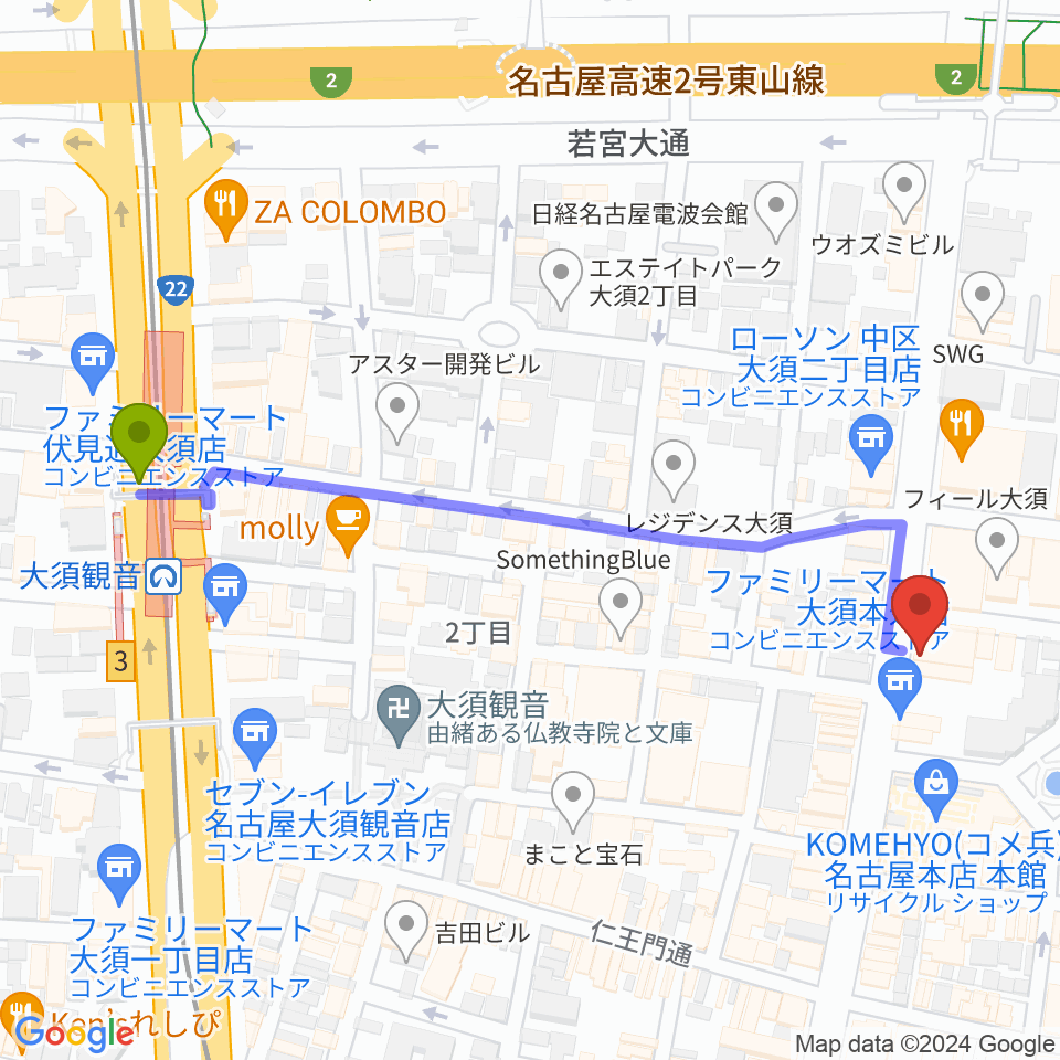 X-HALL ZENの最寄駅大須観音駅からの徒歩ルート（約6分）地図