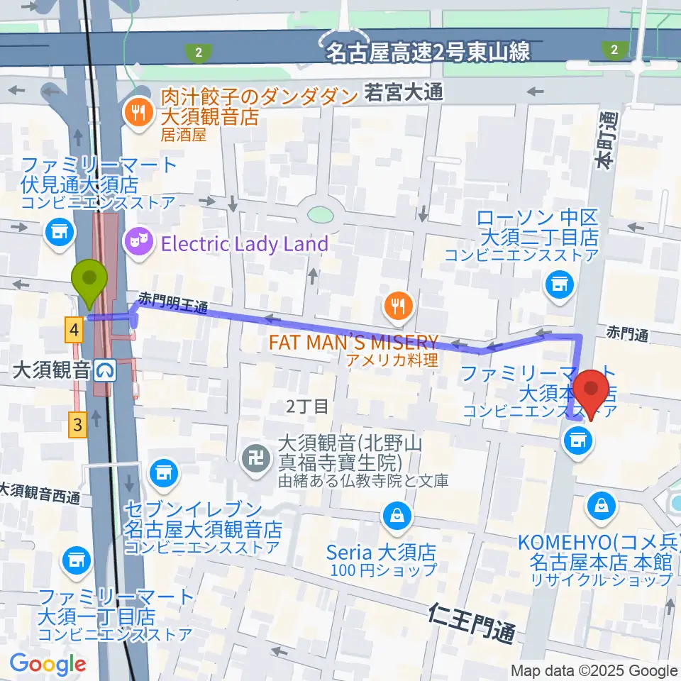 X-HALL ZENの最寄駅大須観音駅からの徒歩ルート（約6分）地図