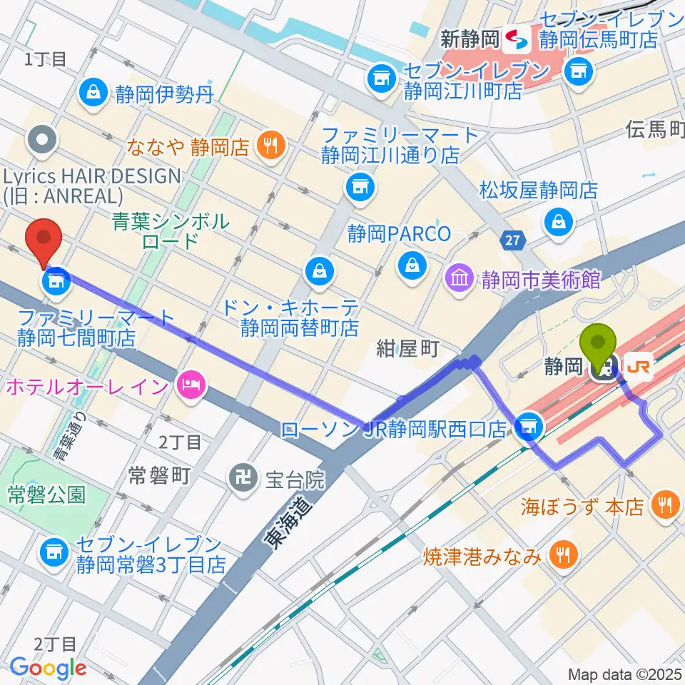 静岡駅から静岡UHUへのルートマップ地図