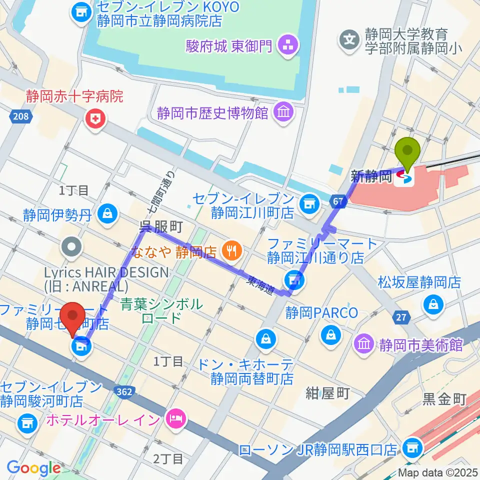 静岡UHUの最寄駅新静岡駅からの徒歩ルート（約12分）地図