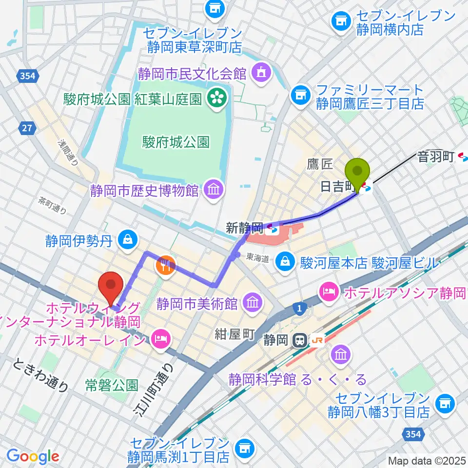 日吉町駅から静岡UHUへのルートマップ地図