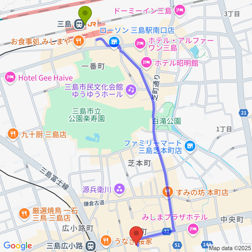 三島駅から三島afterBeatへのルートマップ地図