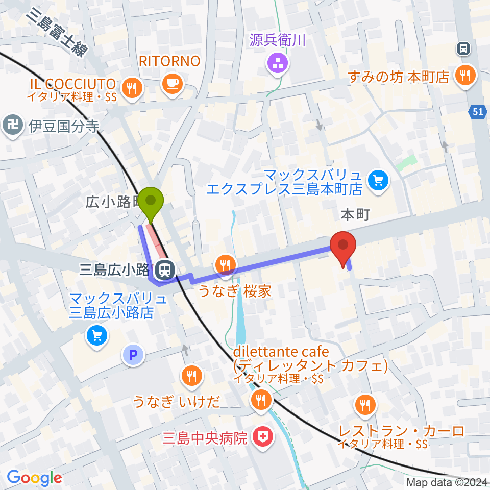 三島afterBeatの最寄駅三島広小路駅からの徒歩ルート（約3分）地図