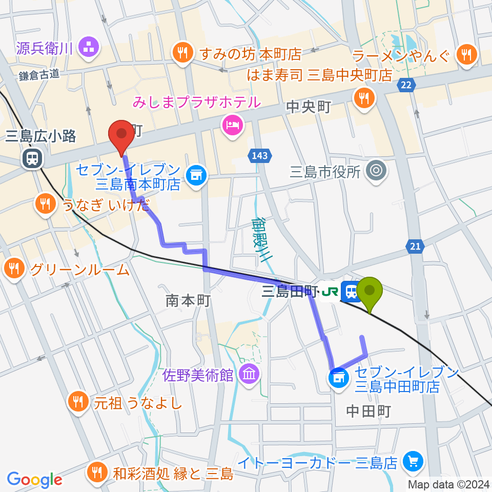 三島田町駅から三島afterBeatへのルートマップ地図