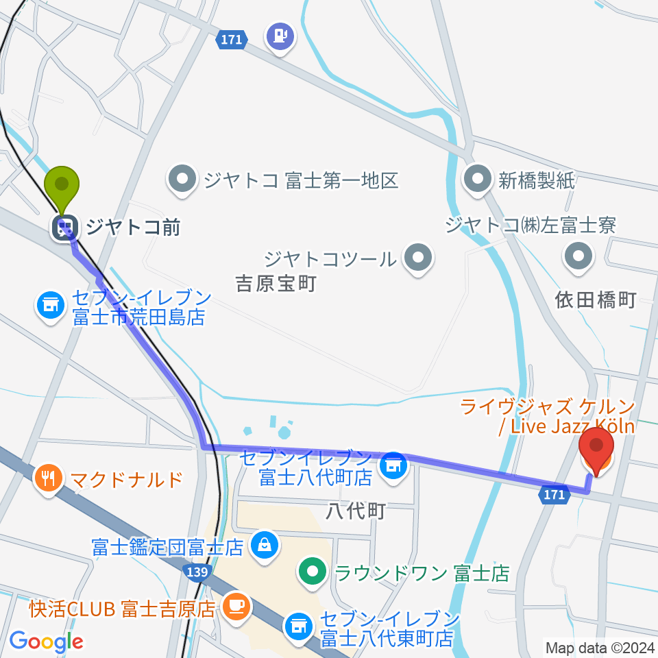 富士ケルンの最寄駅ジヤトコ前（ジヤトコ１地区前）駅からの徒歩ルート（約14分）地図