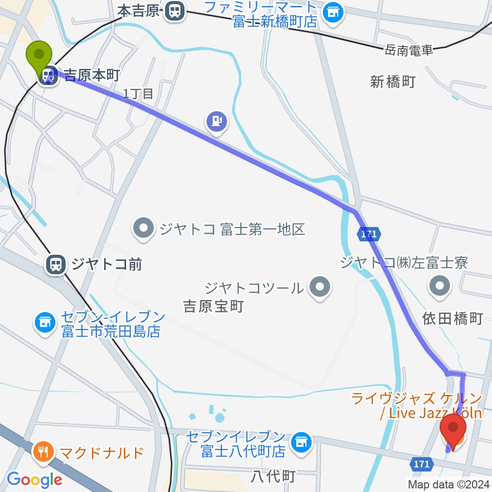 吉原本町駅から富士ケルンへのルートマップ地図