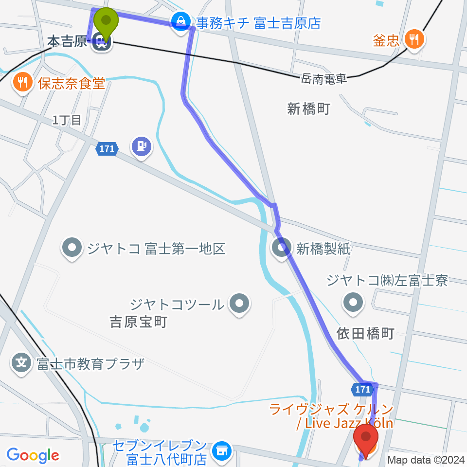 本吉原駅から富士ケルンへのルートマップ地図