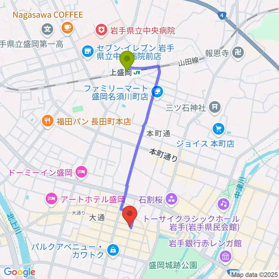 カワイ盛岡店の最寄駅上盛岡駅からの徒歩ルート（約16分）地図