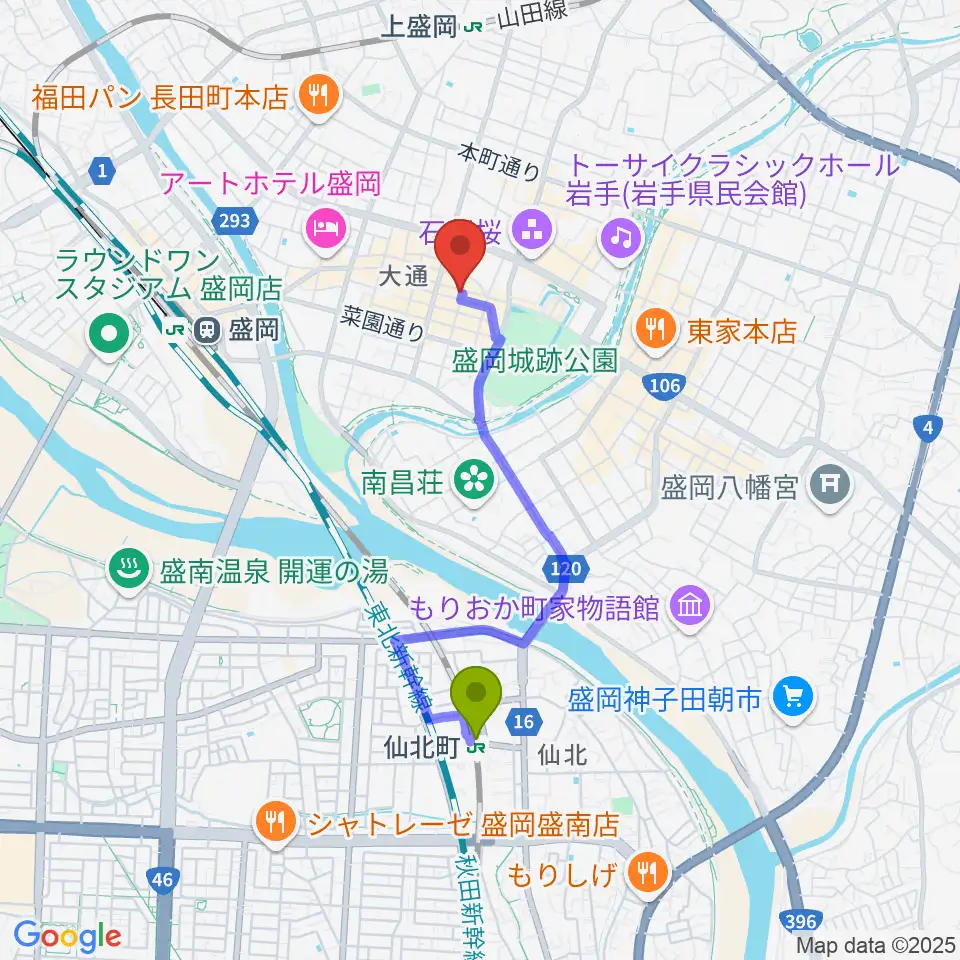 仙北町駅からカワイ盛岡店へのルートマップ地図