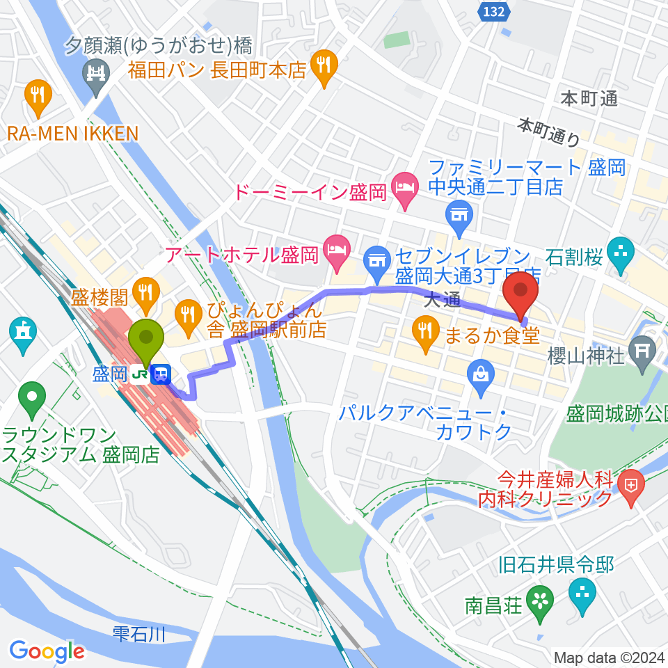 盛岡駅からカワイ盛岡店へのルートマップ地図