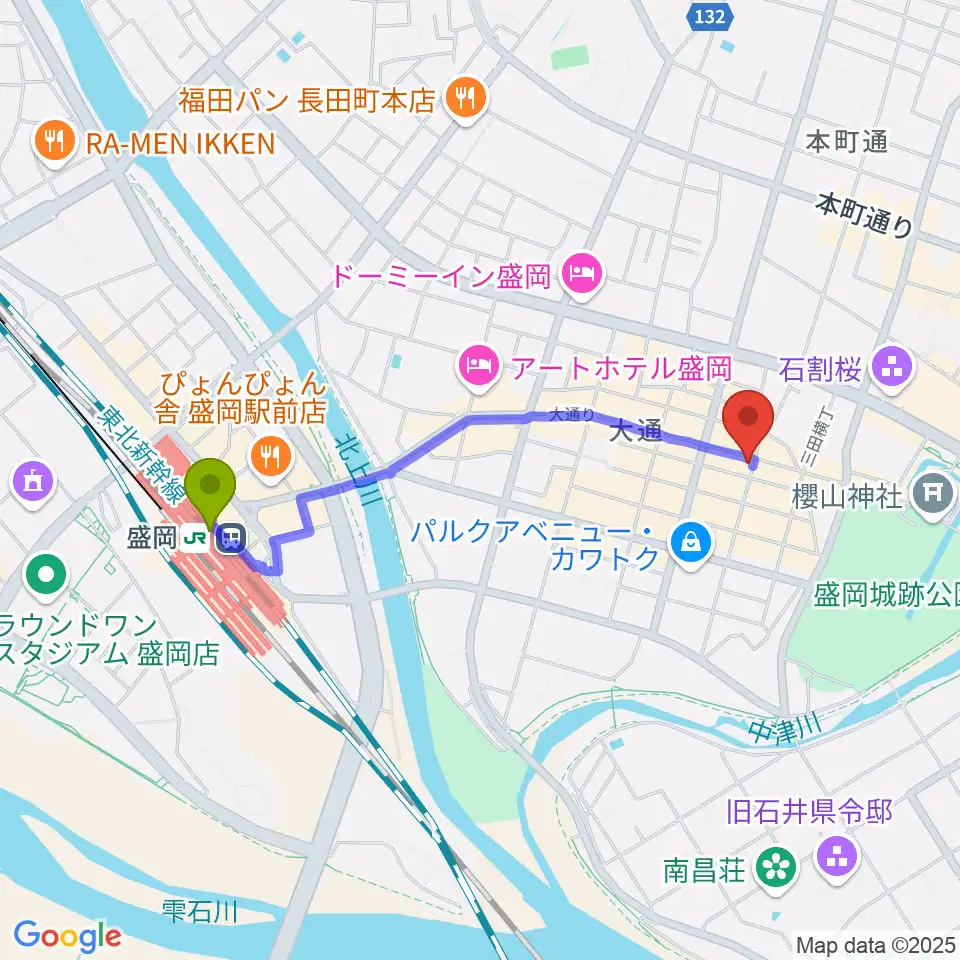 盛岡駅からカワイ盛岡店へのルートマップ地図