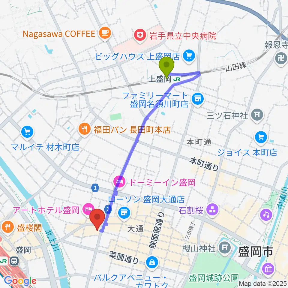 上盛岡駅から東山堂クロステラスセンターへのルートマップ地図